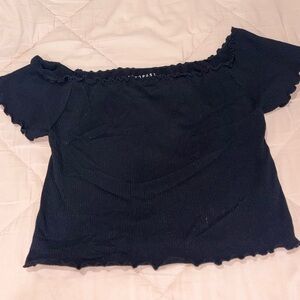 Aeropostale Black Ribbed Off-Shoulder Lettuce-Edge Crop Top